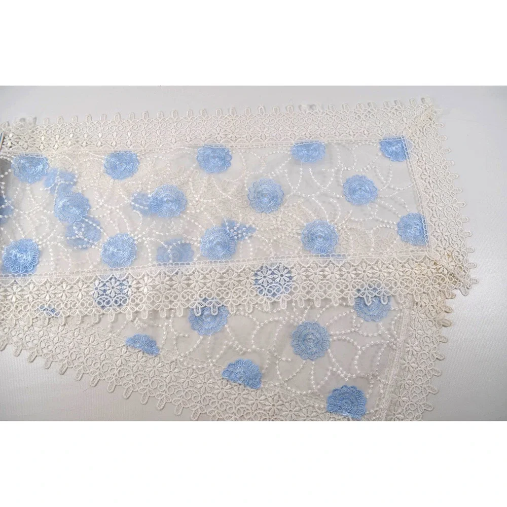 American Linen Chic White & Blue Lace Linen Table Runner Doily 16